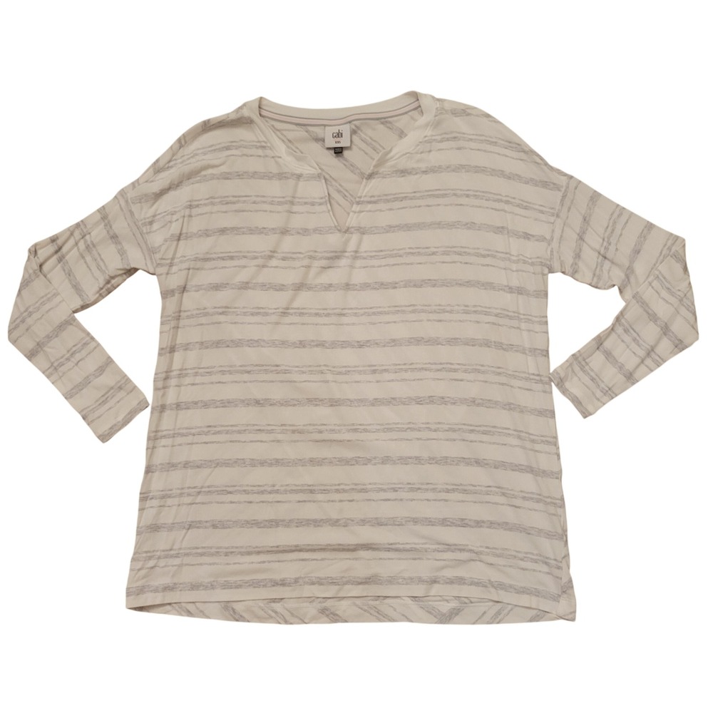 Cabi XXS Top White Grey Striped Long Sleeve V Neck ATC Habit Tee 5930 Coastal